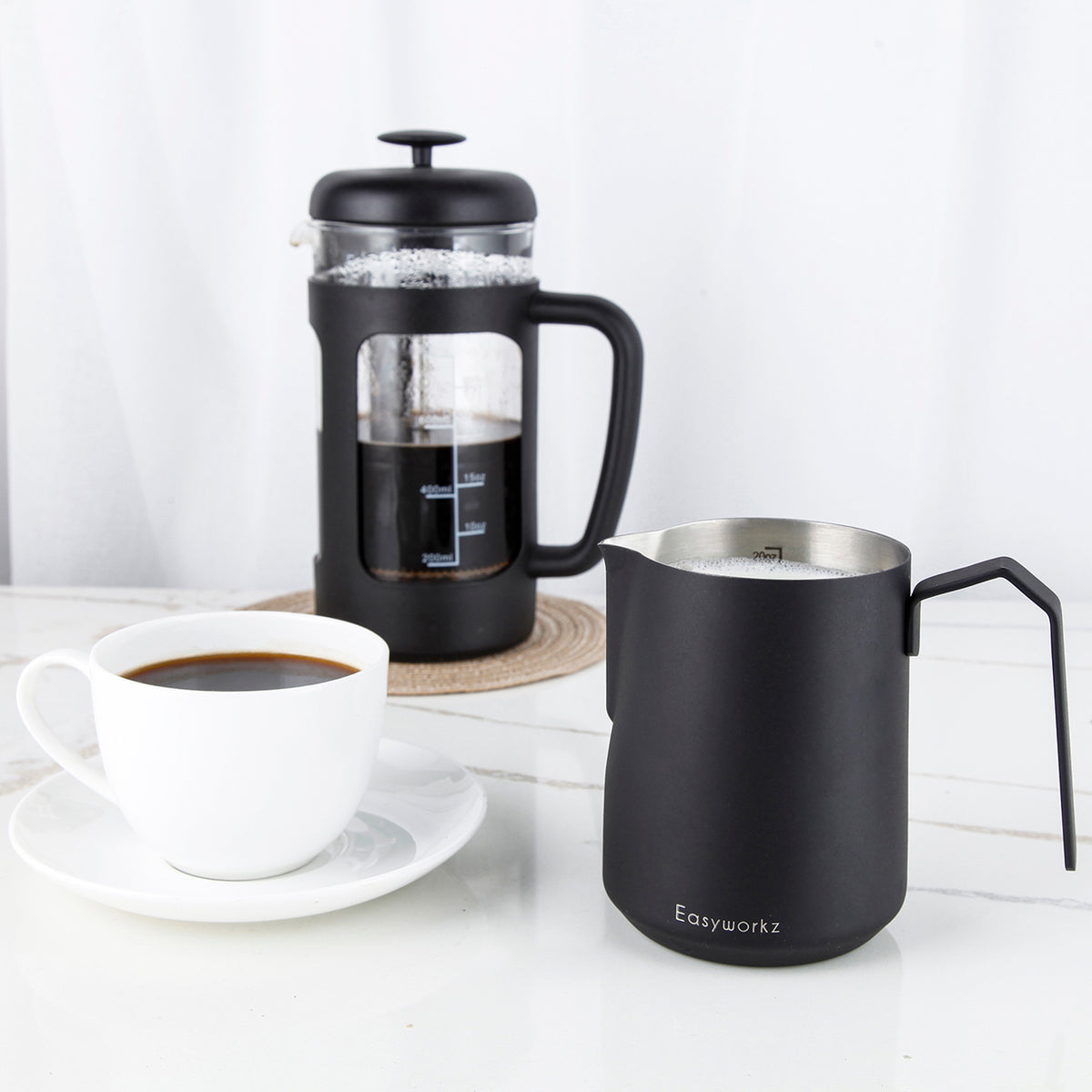 Easyworkz Espresso Milk Frothing Pitcher Heavy-Gauge Stainless Steel 20 oz Cappuccino Latte Art Cup, Brushed Silver