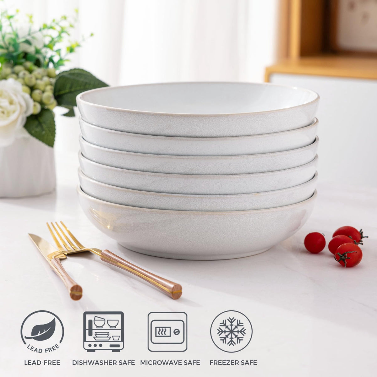 AmorArc 8.5'' Large Ceramic Pasta Bowls Set, 36oz Stoneware Bowls Set of 6 for Kitchen, Reavtive Glaze Bowls-Microwave,Dishwasher Safe for Pasta,Salad,Oatmeal-Ceylon Blue
