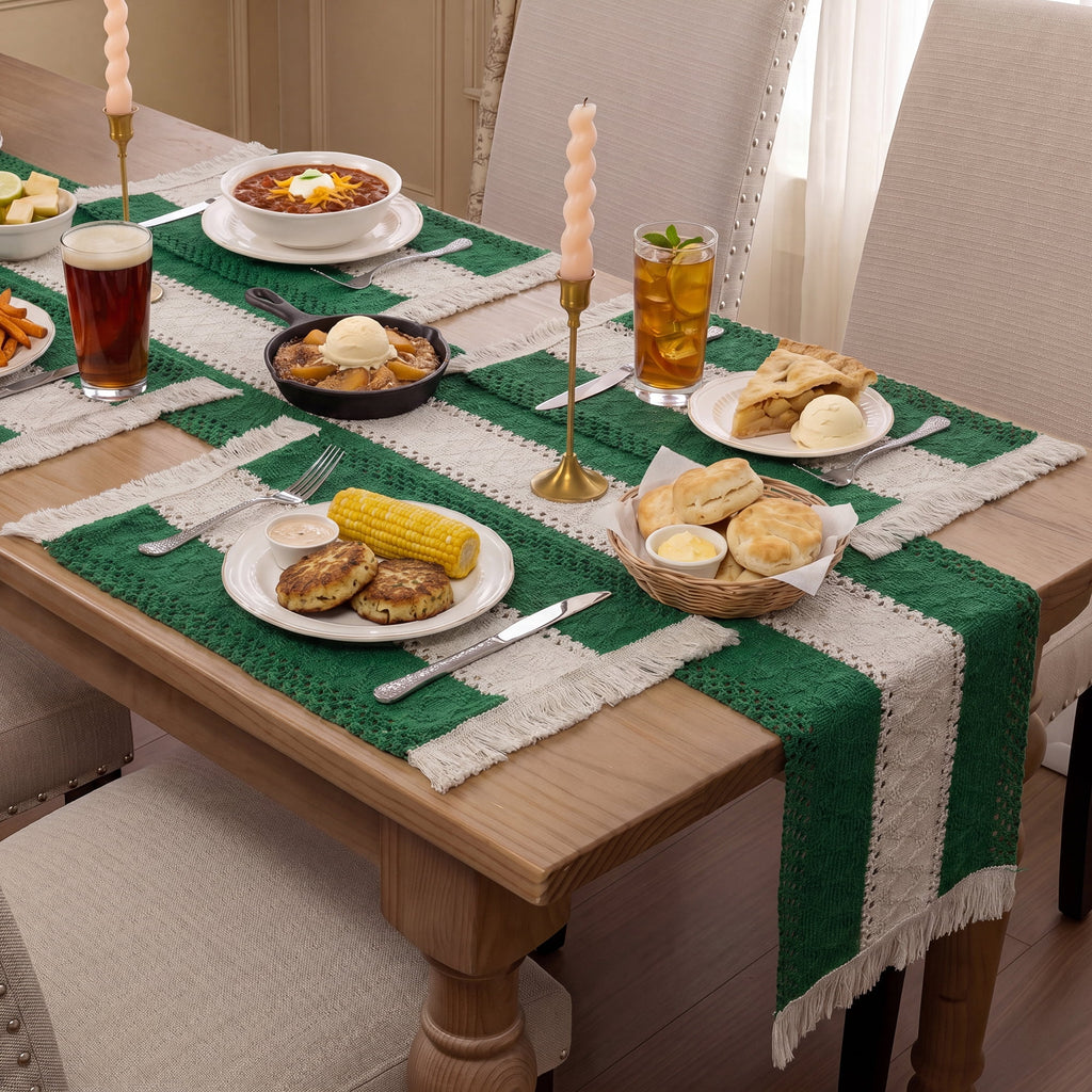 MeyJey Table Runner and Placemats Set of 4, Washable Fabric Rectangle Dining Table Mats with Tassels for Dining Tables, Kitchen, Red/Beige