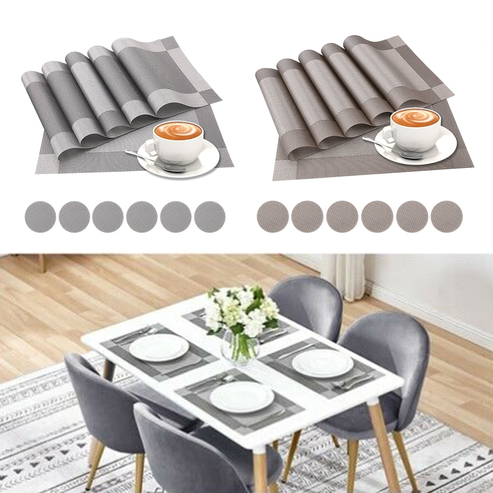 6pcs Placemats PVC Place Mats and Coasters Washable Non-Slip Heat Resistant Table Mats for Kitchen Dining Table Home Restaurant 12"×18", Sliver