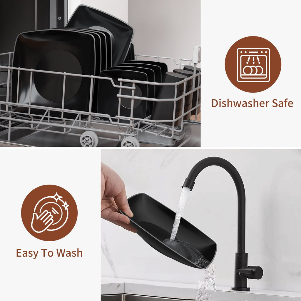 TINANA Wheat Straw Dinnerware Sets, Service for 4, 16 PCS Unbreakable Plastic Dinnerware, Dishwasher Microwave Safe - Black