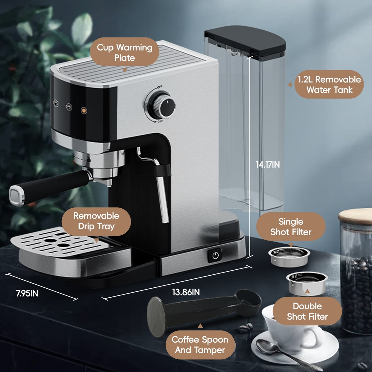 WHALL 20 Bar Touchscreen Espresso Machine & Coffee Maker – With Milk Frother Steam Wand, Stainless Steel Build & Removable Water Tank (New)