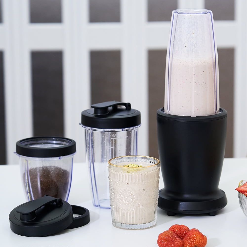 Mainstays 10-Piece Blender Set, Black, 300W, with 3 Jars (10oz, 16oz, 18oz), 2 Drinking Lids, Stainless Steel Blade