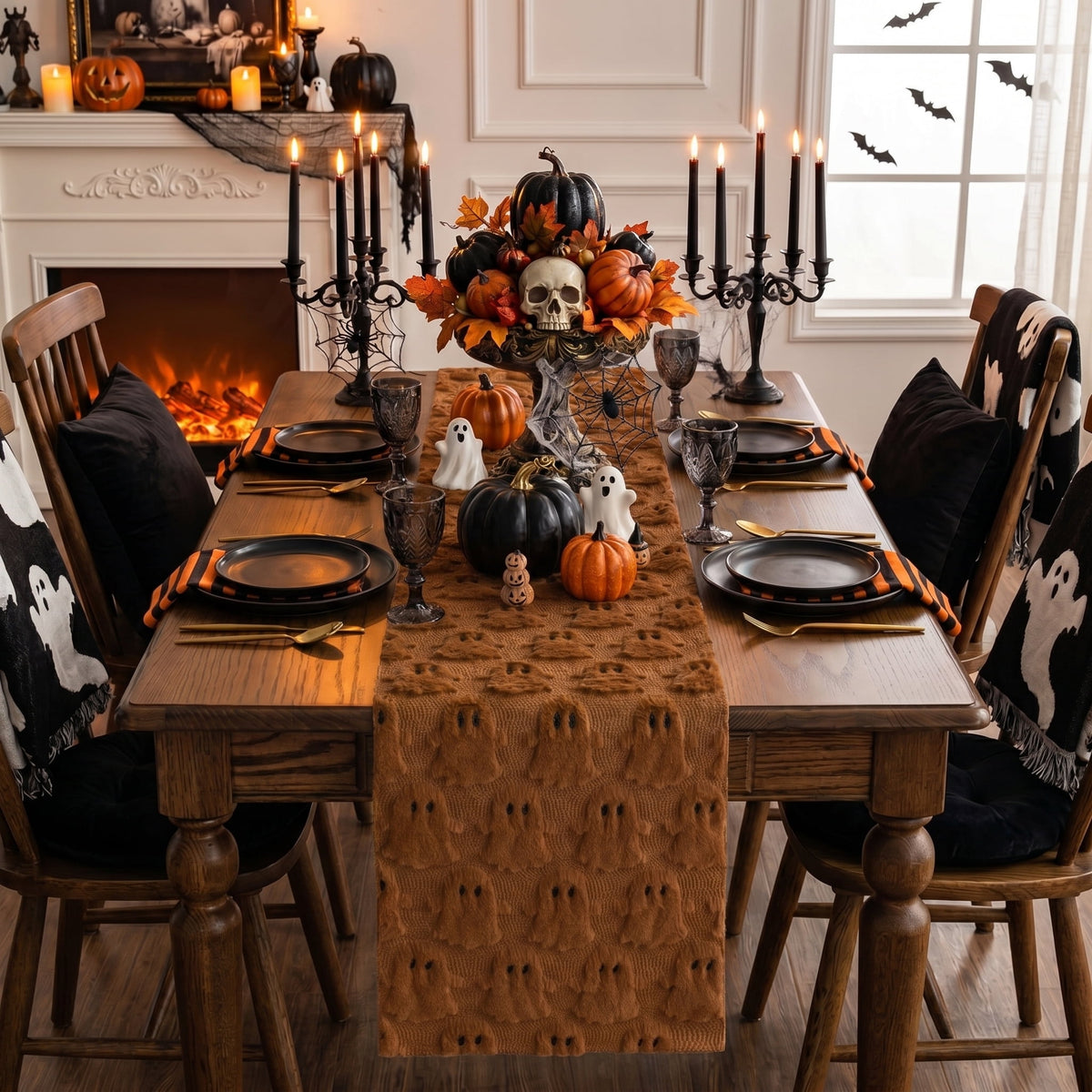 Sm:)e White Ghost Halloween Table Runner 13x72 Inch, Soft Plush Faux Fur Mantel Kitchen Dining Table Decor, Halloween Home Party Decor