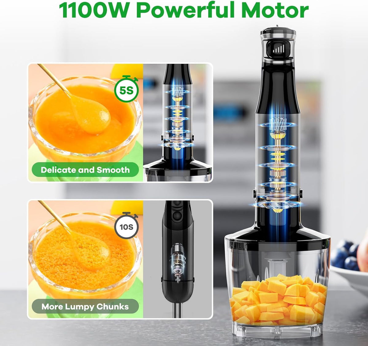 Bitrel Immersion Blender, 1100W 5-in-1 Multi-Speed Hand Blender with 21oz Beaker, Chopper, Whisk & Milk Frother, Ideal for Soup, Baby Food, Sauces, Smoothies & Purees