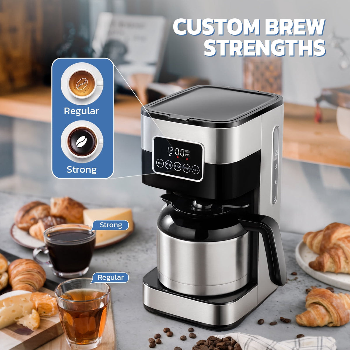 8-Cup Programmable Coffee Maker with Thermal Carafe, Touch Screen Timer, Auto Shut off & Pause-Serve Feature, Strong Brew Option, Stainless Steel & Black