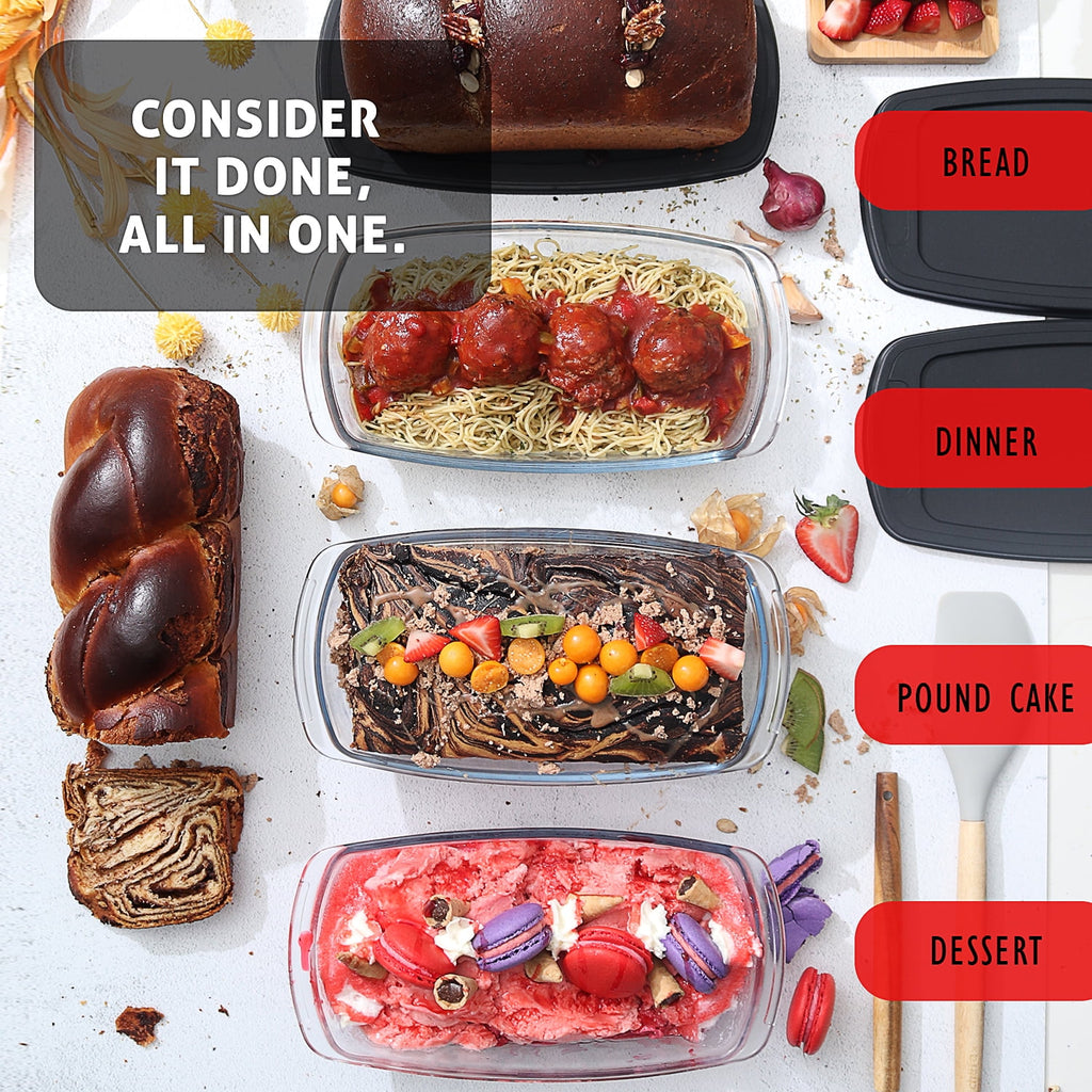Virtu Glass Bread Loaf Pan, 6pc Glass Baking Dish with Lid, Food Storage Container, Black