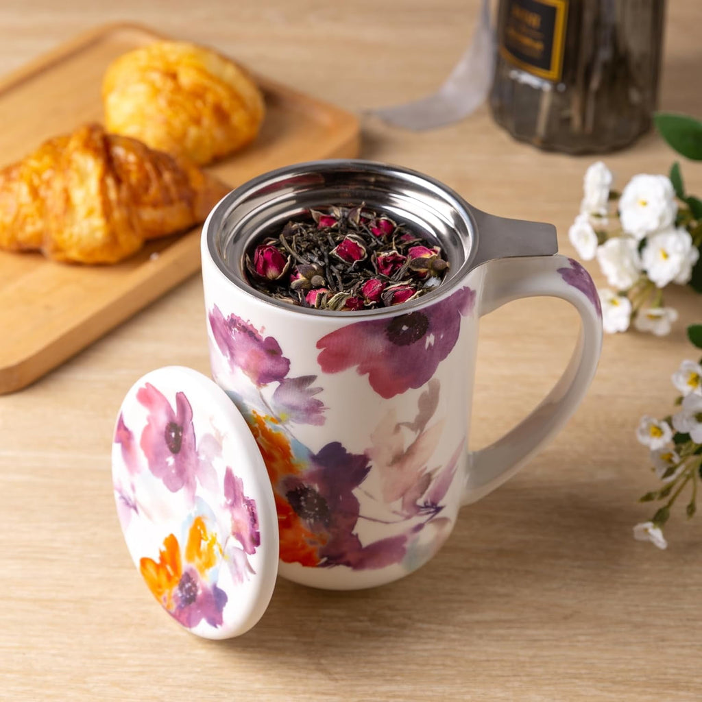 AmorArc Porcelain Tea Mug with Infuser and Lids, 18 Oz Cup Strainer Bag Holder for Loose Leaf Tea, Steeping Coffee Well-wrapped Box House-warming Wedding Birthday Gift, YelloRed
