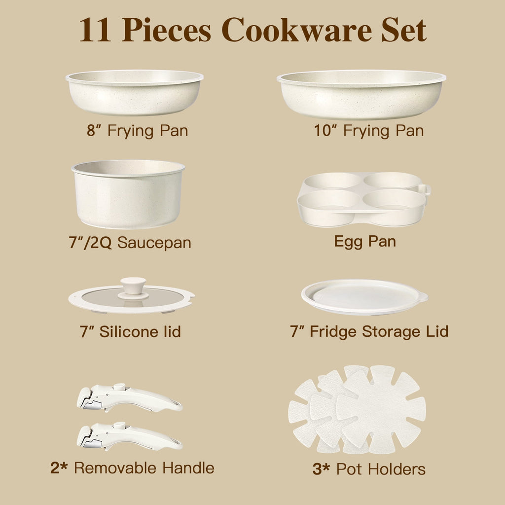 Gipp 11pcs Ceramic Cookware Sets, Pots and Pans Set Non Stick with Removable Handle, Oven & Dishwasher Safe,Induction Cookware