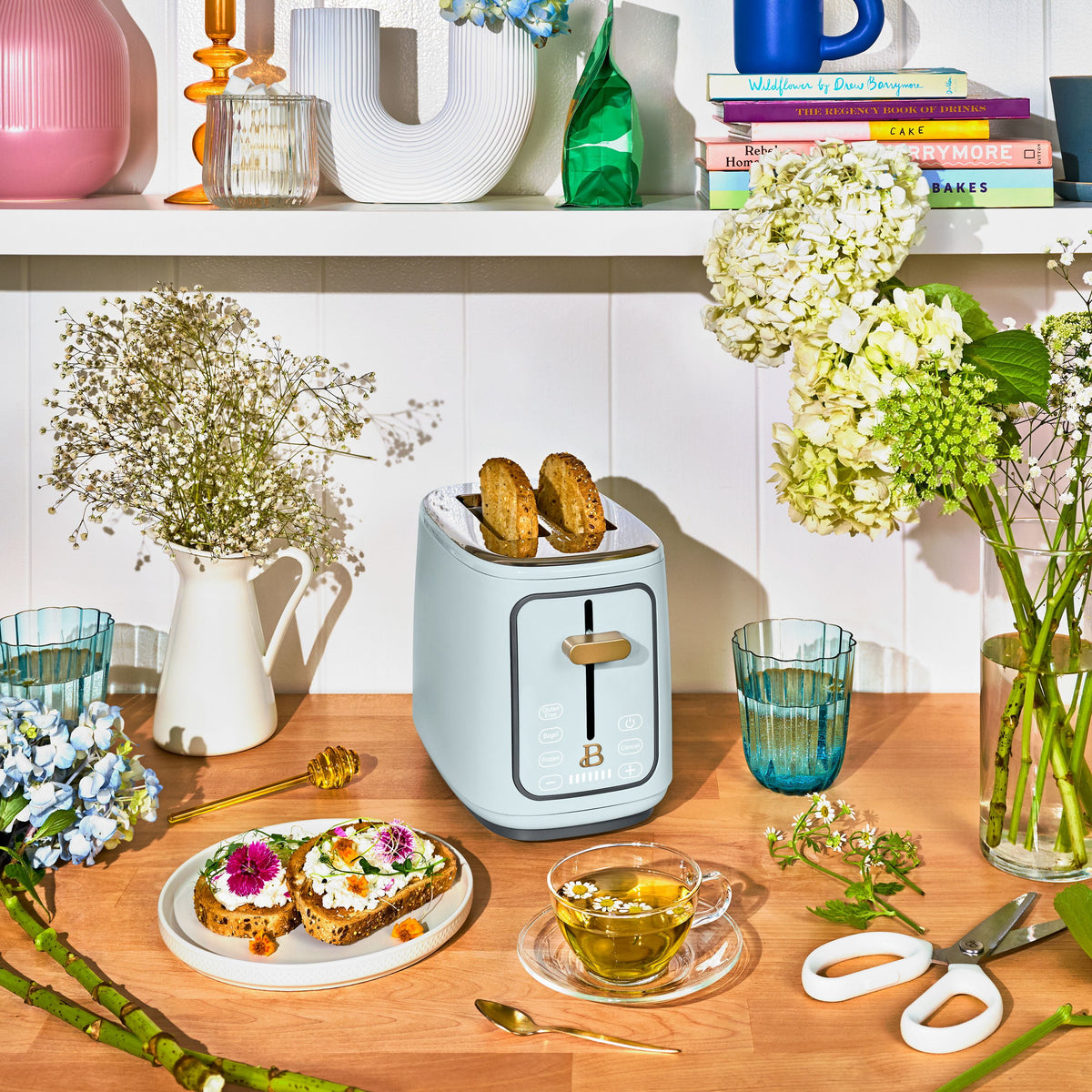Beautiful 2 Slice Toaster with Touch-Activated Display, Thyme Green by Drew Barrymore