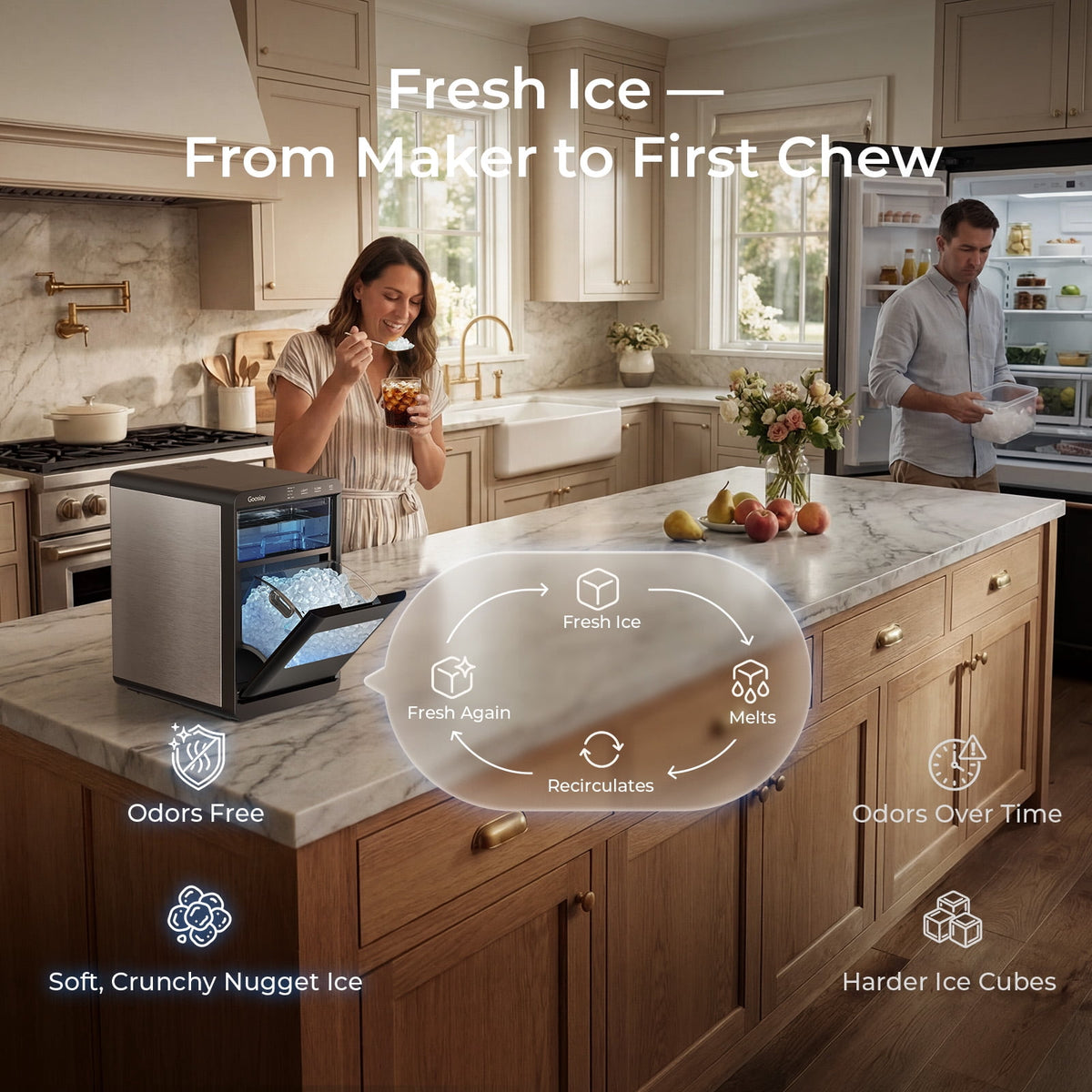 Goosiay Nugget Ice Maker Countertop, 44lbs per Day Portable Pebble Sonic Ice Machine with Soft Chewable Ice for Home, Kitchen, Office, RV, Camping, Stainless Steel, Black