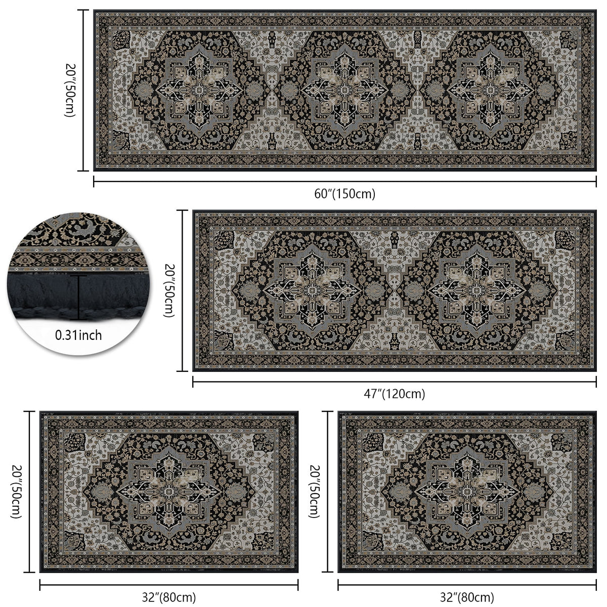 TECHVIDA Kitchen Rug Set 3 Piece,Non Slip Machine Washable Kitchen Mats, Farmhouse Hallway Doormat for Home Floor and Living Room,Gray
