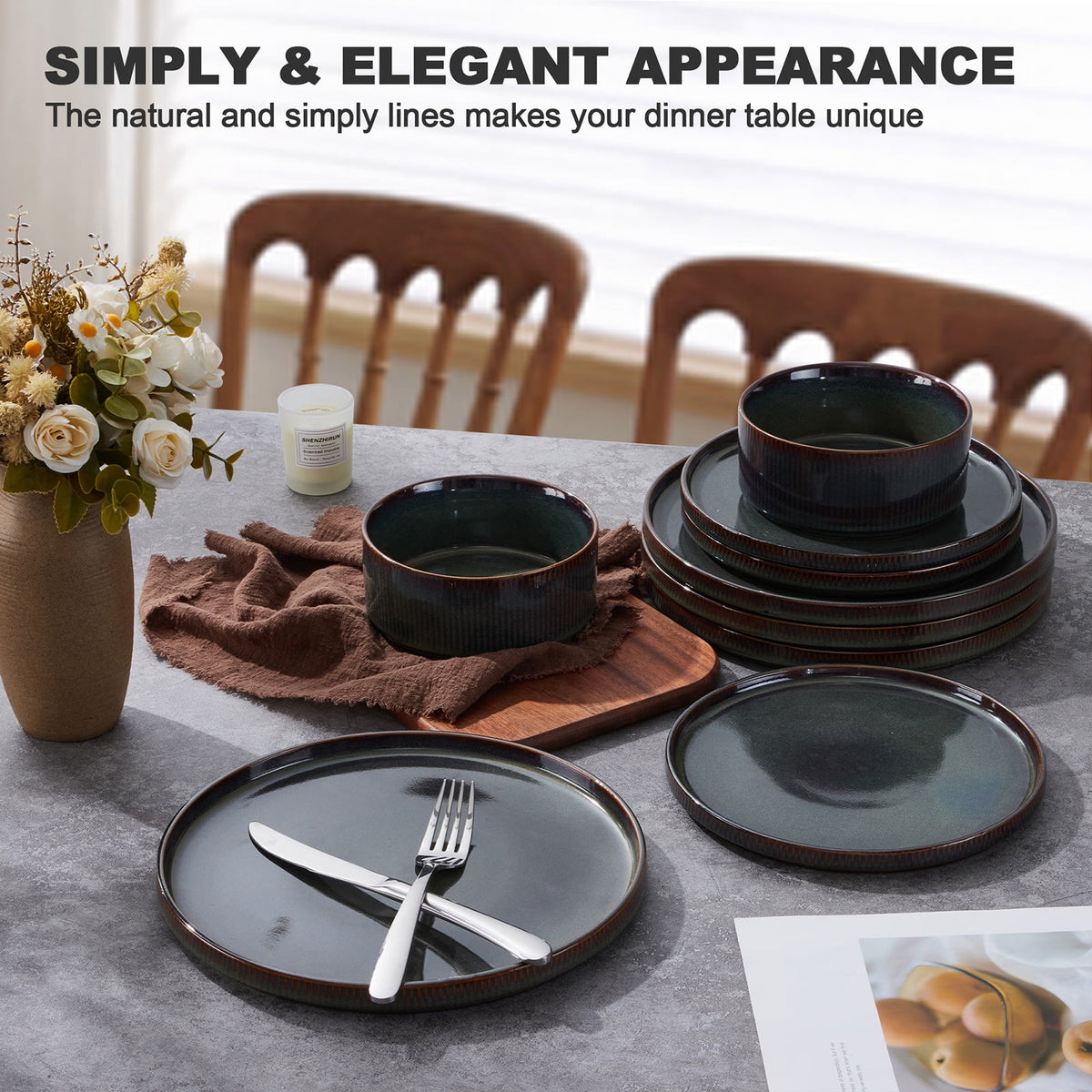 Vesteel 12 Pieces Dinnerware Set for 4, Premium Stoneware Ribbed Dishes, Chip & Scratch Resistant Plates and Bowls Set for Home Restaurant, Microwave and Dishwasher Safe - Speckled White