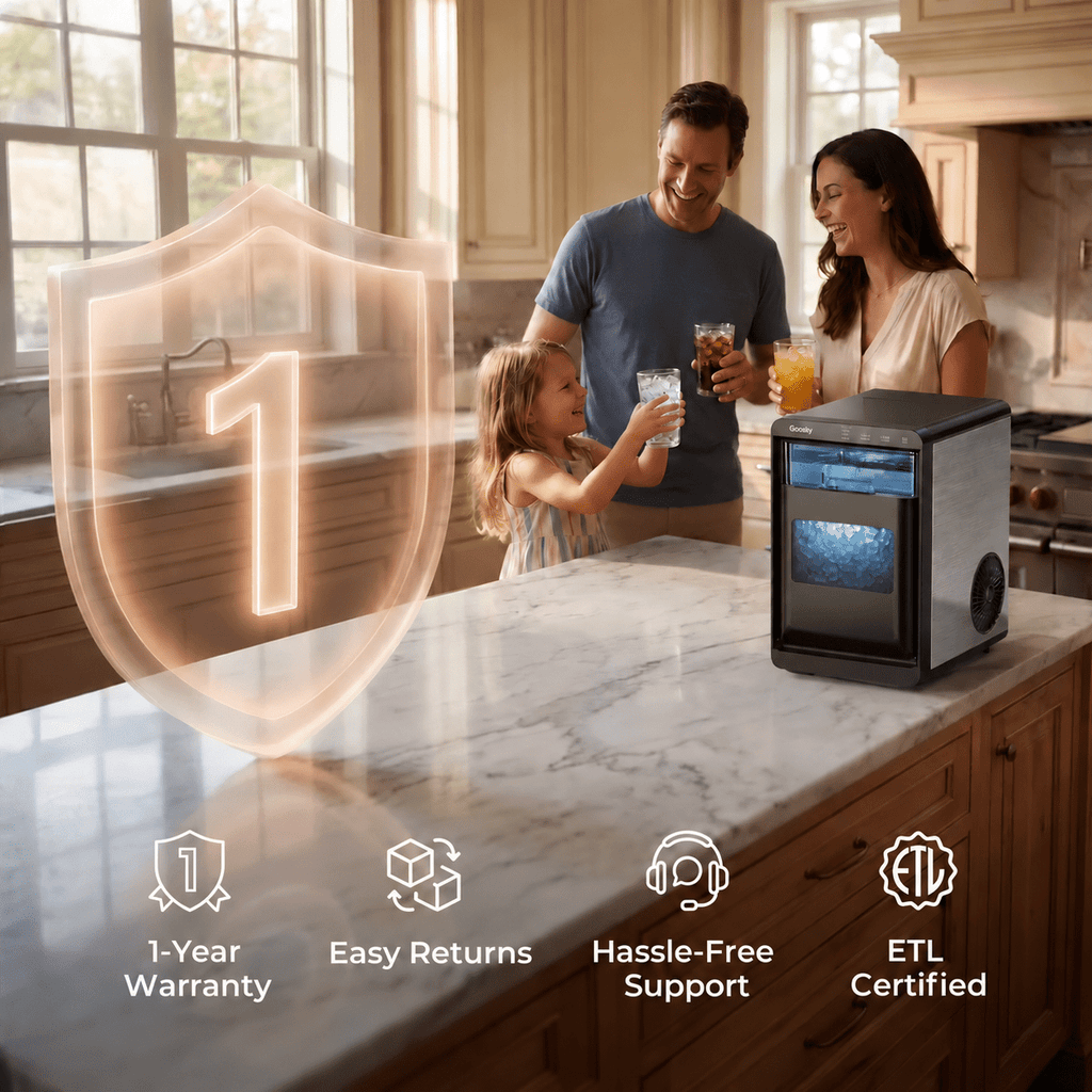 Goosiay Nugget Ice Maker Countertop, 44lbs per Day Portable Pebble Sonic Ice Machine with Soft Chewable Ice for Home, Kitchen, Office, RV, Camping, Stainless Steel, Black