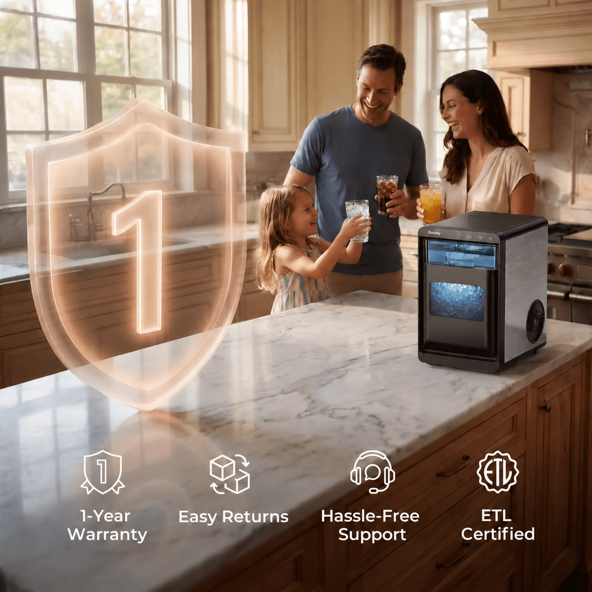 Goosiay Nugget Ice Maker Countertop, 44lbs per Day Portable Pebble Sonic Ice Machine with Soft Chewable Ice for Home, Kitchen, Office, RV, Camping, Stainless Steel, Black