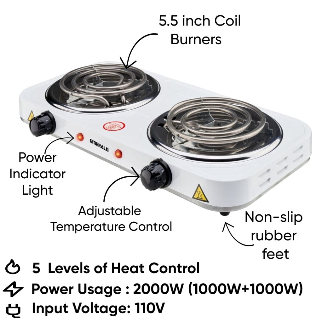 Emerald Electric 5.5” 2-Coil White Countertop Burner