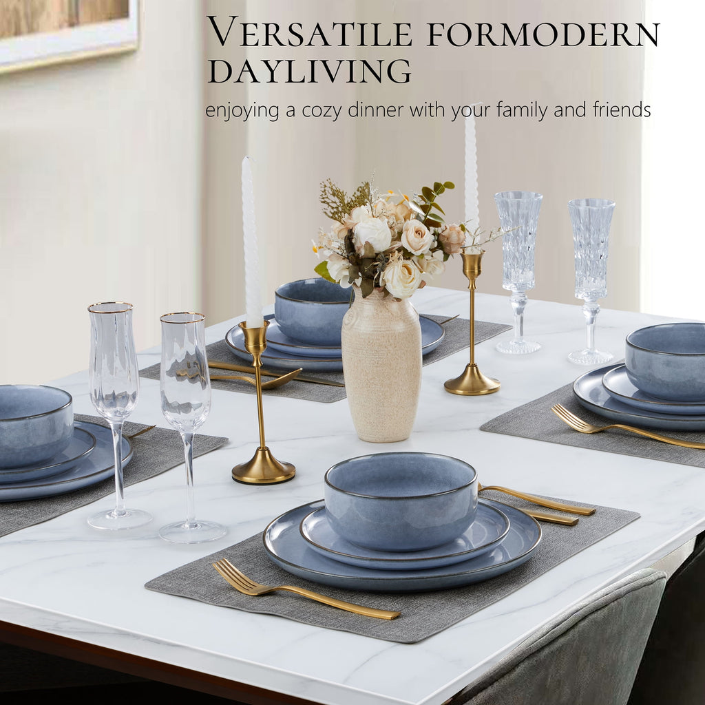 Vesteel Dinnerware Sets for 4, 12-Piece Stoneware Dish and Bowls Set, Handmade Reactive Glaze Coupe Plates Set for Family, Chip & Scratch Resistant - Matte Black