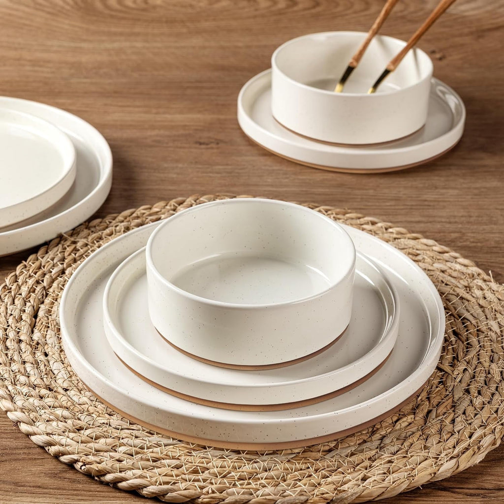 AmorArc Ceramic Dinnerware Set for 4 | Speckled Stoneware Plates and Bowls with unglazed terracotta | Scratch Resistant, Dishwasher & Microwave Safe Dishes Sets- 12-Pcs Pink