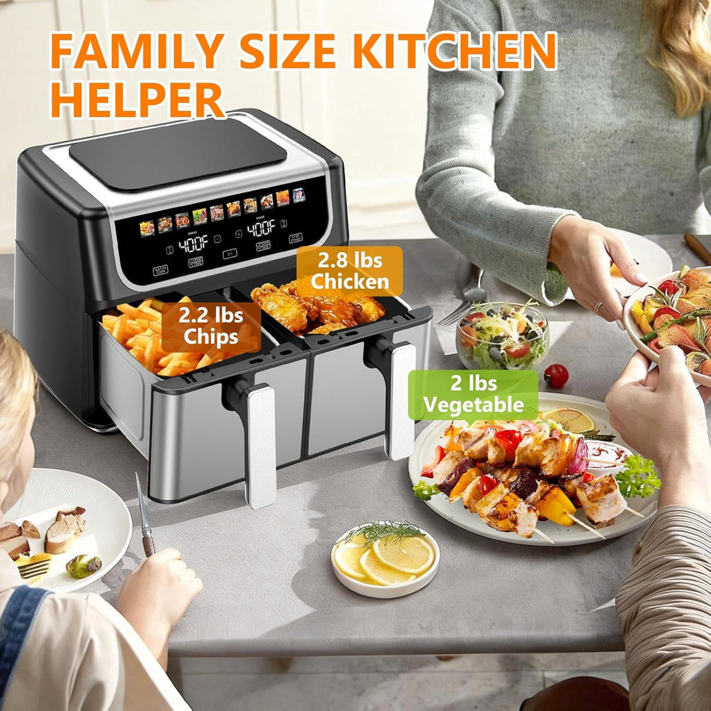 EDX 9QT Dual Basket Stainless Steel Air Fryer with Digital Sync & Match Cook, 1700W, 10 Presets, 2 Independent Cooking Zones, Shake Reminder, Black