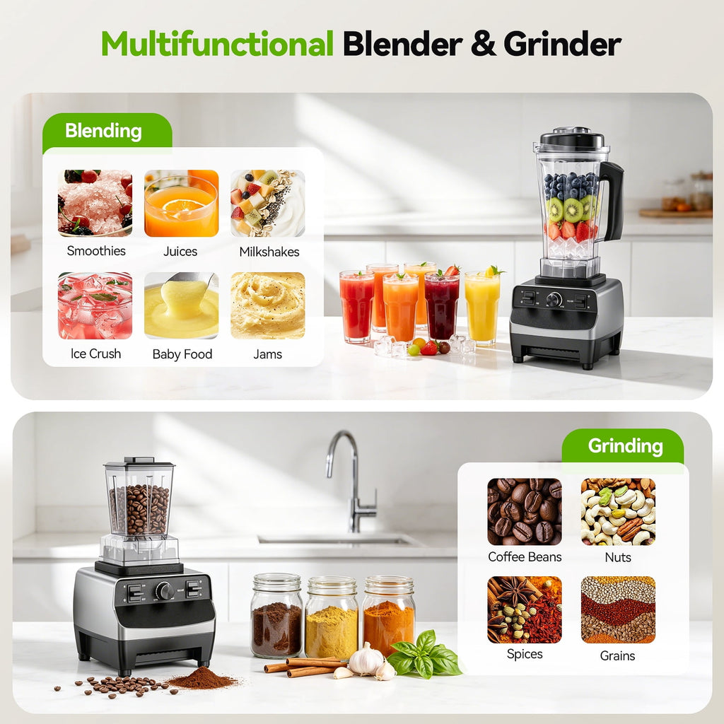 TINANA 66oz Countertop Blender with 28oz Grinder Cup, 8-Edge Blades, Variable Speed, Pulse, BPA-Free Pitcher