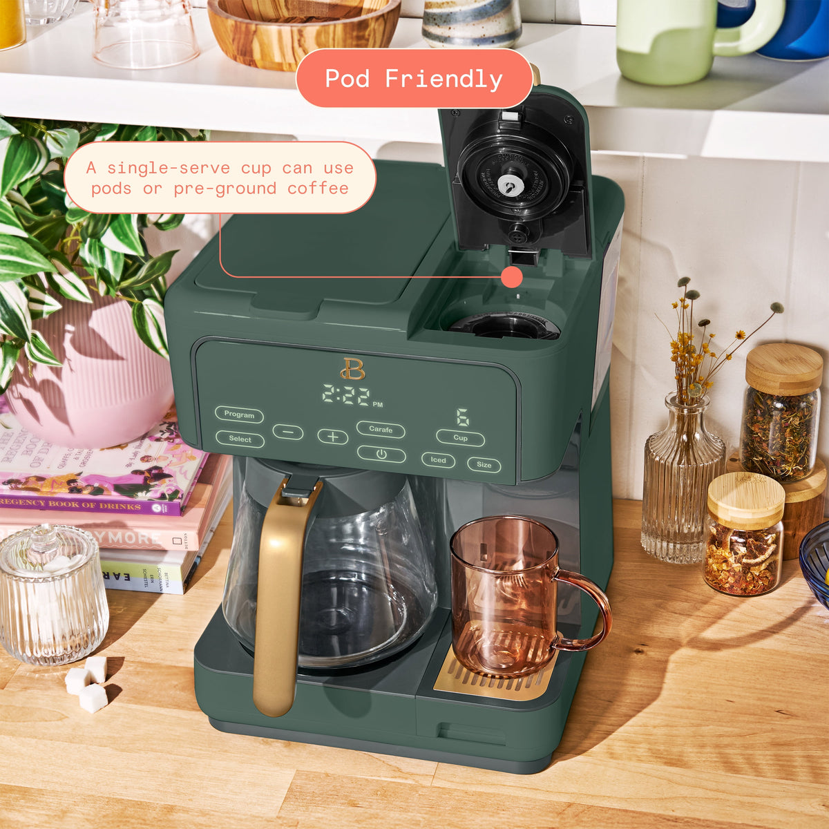 Beautiful by Drew Barrymore Multi-Brew 12-Cup Programmable Drip & Single-Serve Coffee Maker, White Icing