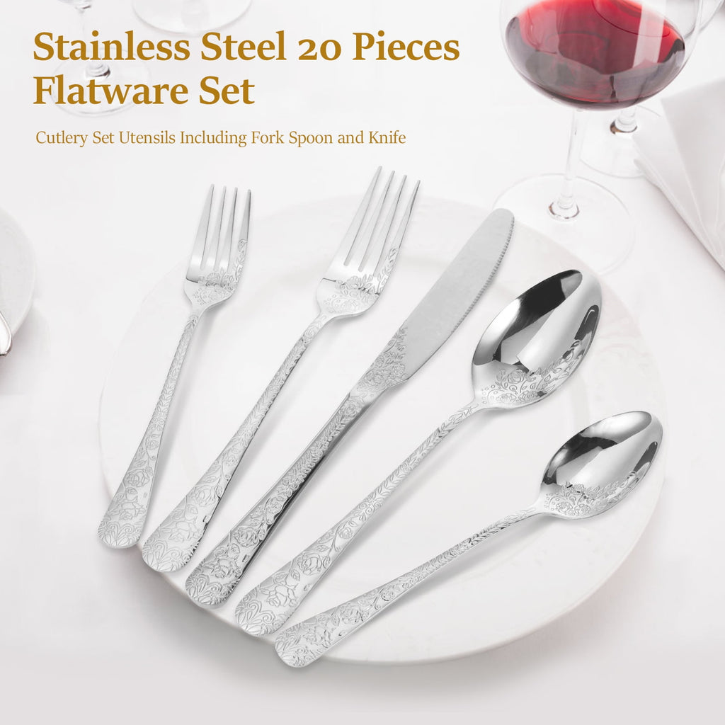 20 Pcs Floral Silverware Set Including Fork Spoon and Knife Stainless Steel Flatware Set Vintage Cutlery Set Mirror Polished Utensil Set for Kitchen Dishwasher Safe Service for 4