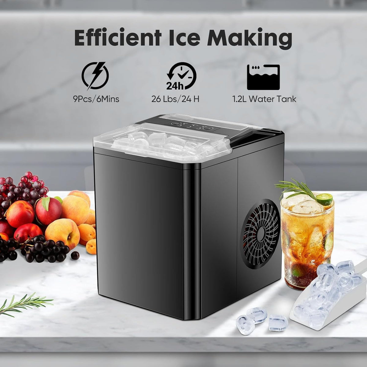 Ice Maker, Portable Countertop Icemaker Machine, Self Cleaning Quiet 2 Sizes Bullet Cubes Makers, 9 Cubes in 6 Mins, 26lbs/24Hrs with Ice Scoop, Basket for Home Kitchen Party,White