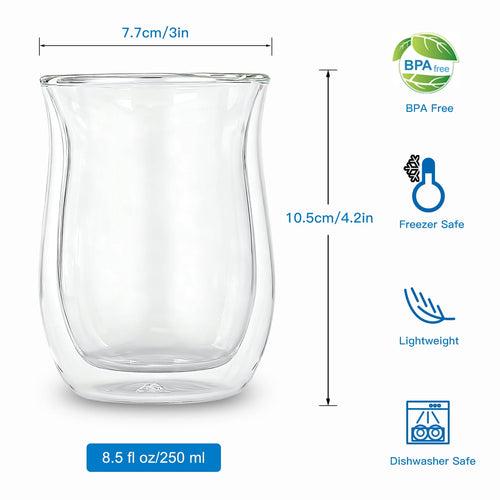 Easyworkz Double Walled Glass Coffee Mugs,Set of 2 (8.5 fl oz / 250ml) - Clear Borosilicate Glass Cups for Coffee, Tea, Whiskey, Cocktails & All Beverages