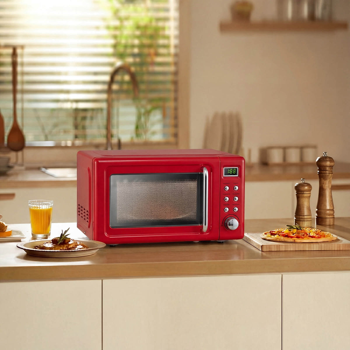 Costway 0.7 Cu.ft Retro Countertop Microwave Oven 700W LED Display Glass Turntable Rose Gold