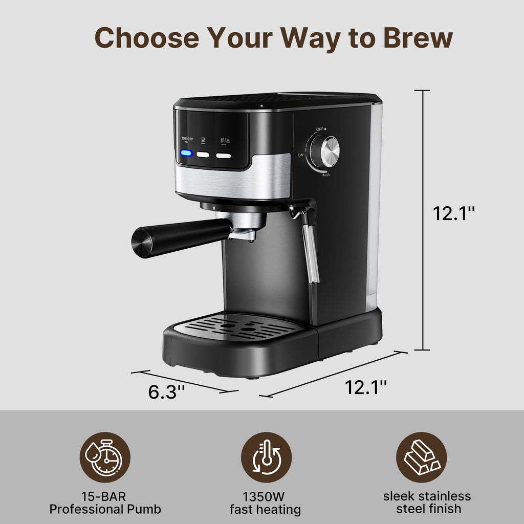 Espresso Machine with Milk Frother, 15 Bar Compact Coffee Machine Stainless Steel Espresso Maker for Cappuccino, Latte
