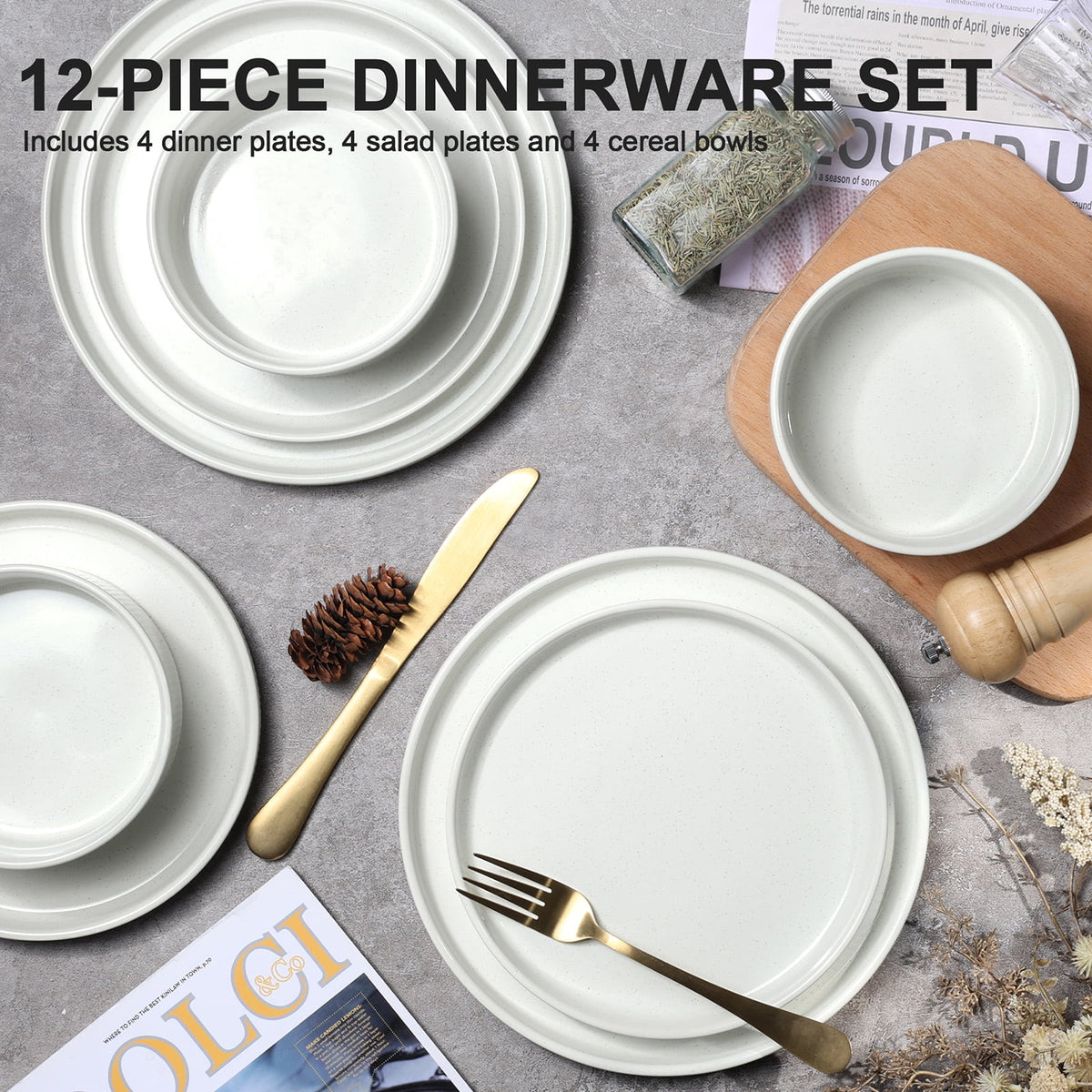 Vesteel 12 Pieces Dinnerware Set for 4, Premium Stoneware Ribbed Dishes, Chip & Scratch Resistant Plates and Bowls Set for Home Restaurant, Microwave and Dishwasher Safe - Speckled White