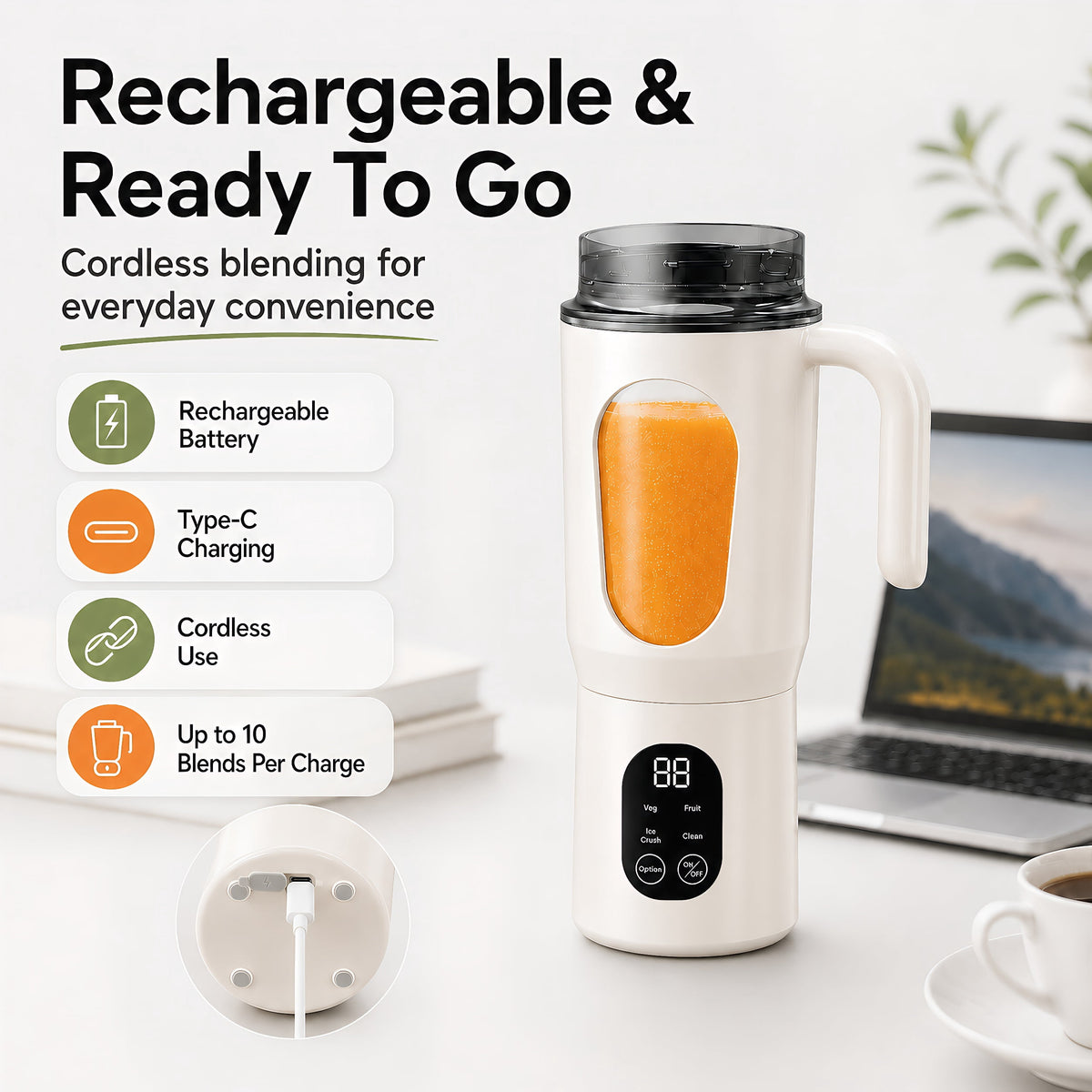 STARBIAO Portable Blender 19.6 oz Personal Juicer Cup, USB-C Rechargeable Mini Blender for Shakes & Smoothies, 12-Blade Stainless Steel, 4 Modes, Digital Display, Self-Cleaning, Beige