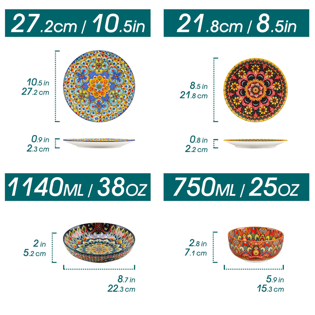 Vancasso Dinnerware Set, Porcelain Plates and Bowls Set for 4, 12 Pieces Ceramic Boho Dish Set for Kitchen, Dishwasher and Microwave Safe, Series LUMI