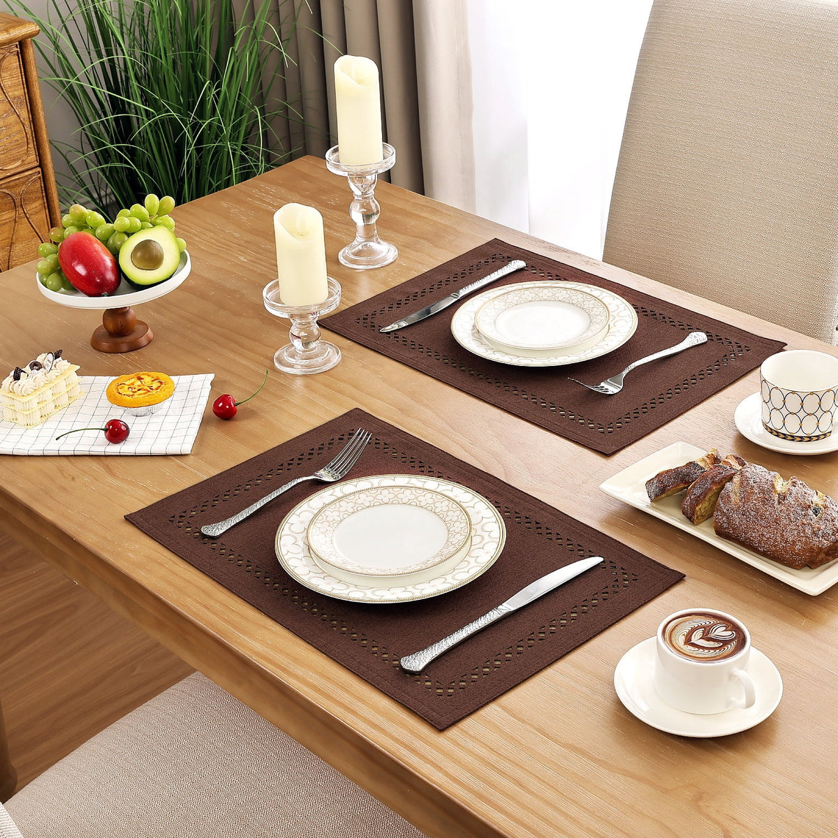 Placemats Set of 4, Yamaziot Double Layer Cloth Fabric Heat Resistant Place Mat, Washable Reversible Rectangle Dining Table Mats, Hollow Khaki, 12"x18"