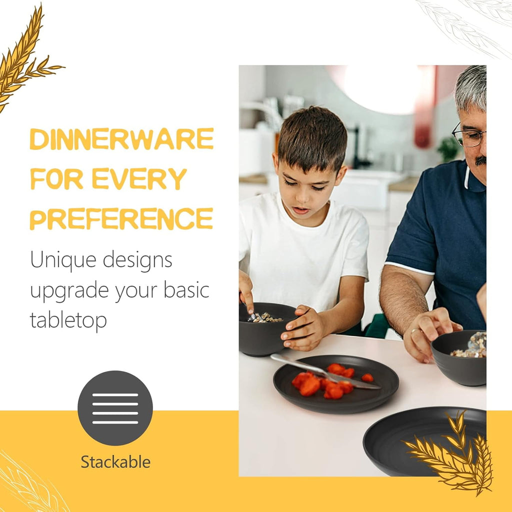 32-Piece Wheat Straw Dinnerware Set, Service for 8, Unbreakable Plates, Bowls & Cups, Eco-Friendly, Dishwasher Safe, , Apartments, Black