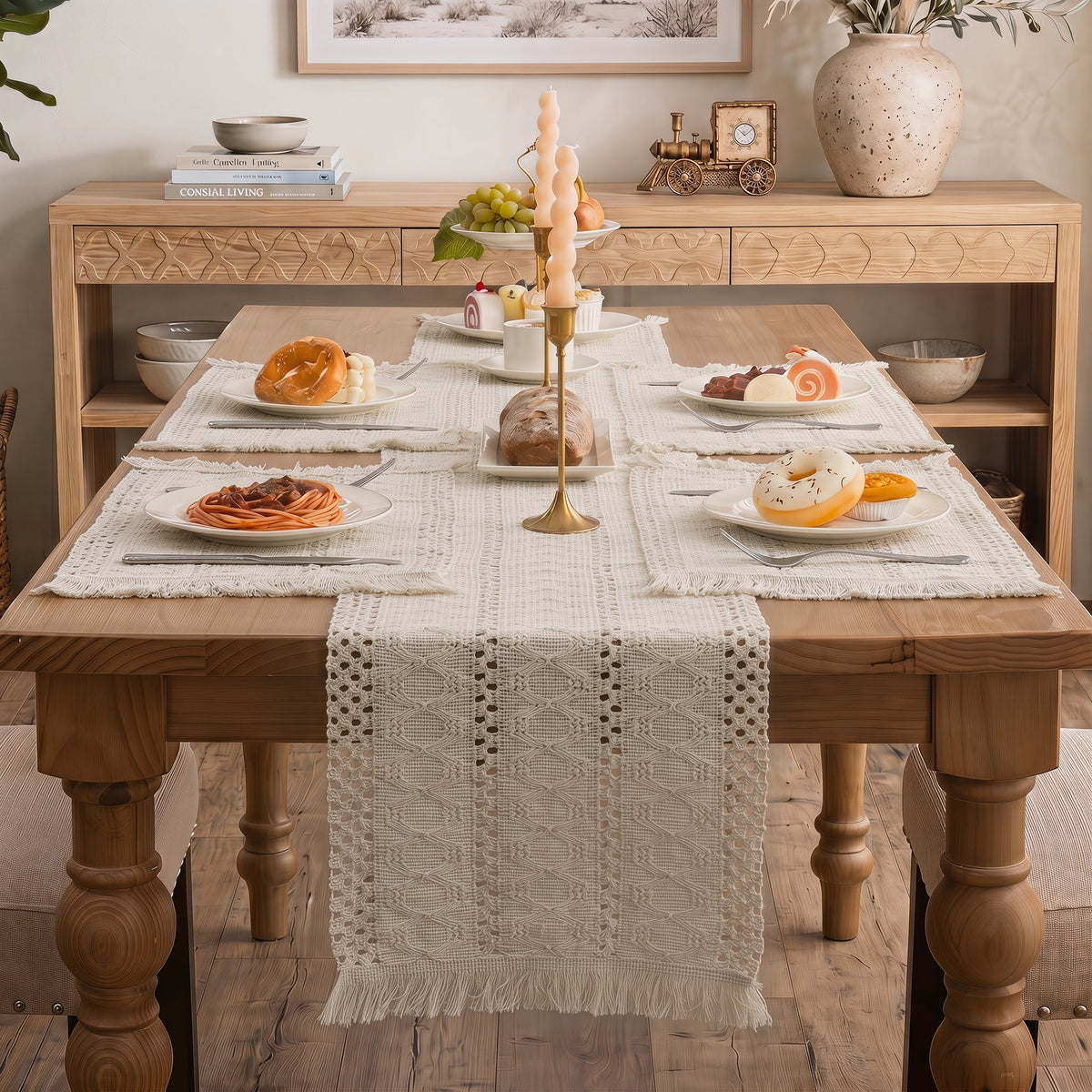 MeyJey Table Runner and Placemats Set of 4, Washable Fabric Rectangle Dining Table Mats with Tassels for Dining Tables, Kitchen, Red/Beige