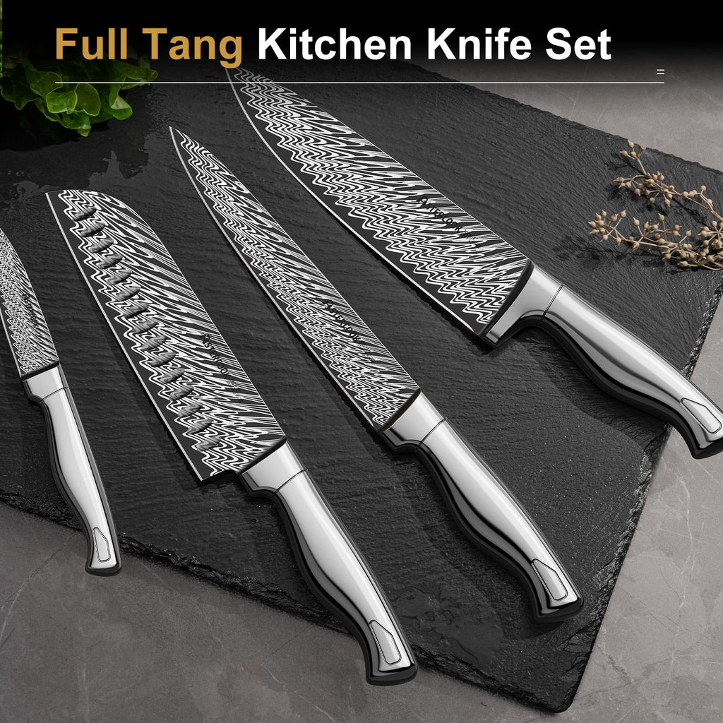 Astercook 14 Piece Kitchen Knife Set with Block and Built-in Sharpener, Full Tang Knives Sets German Stainless Steel, Dishwasher Safe Silver