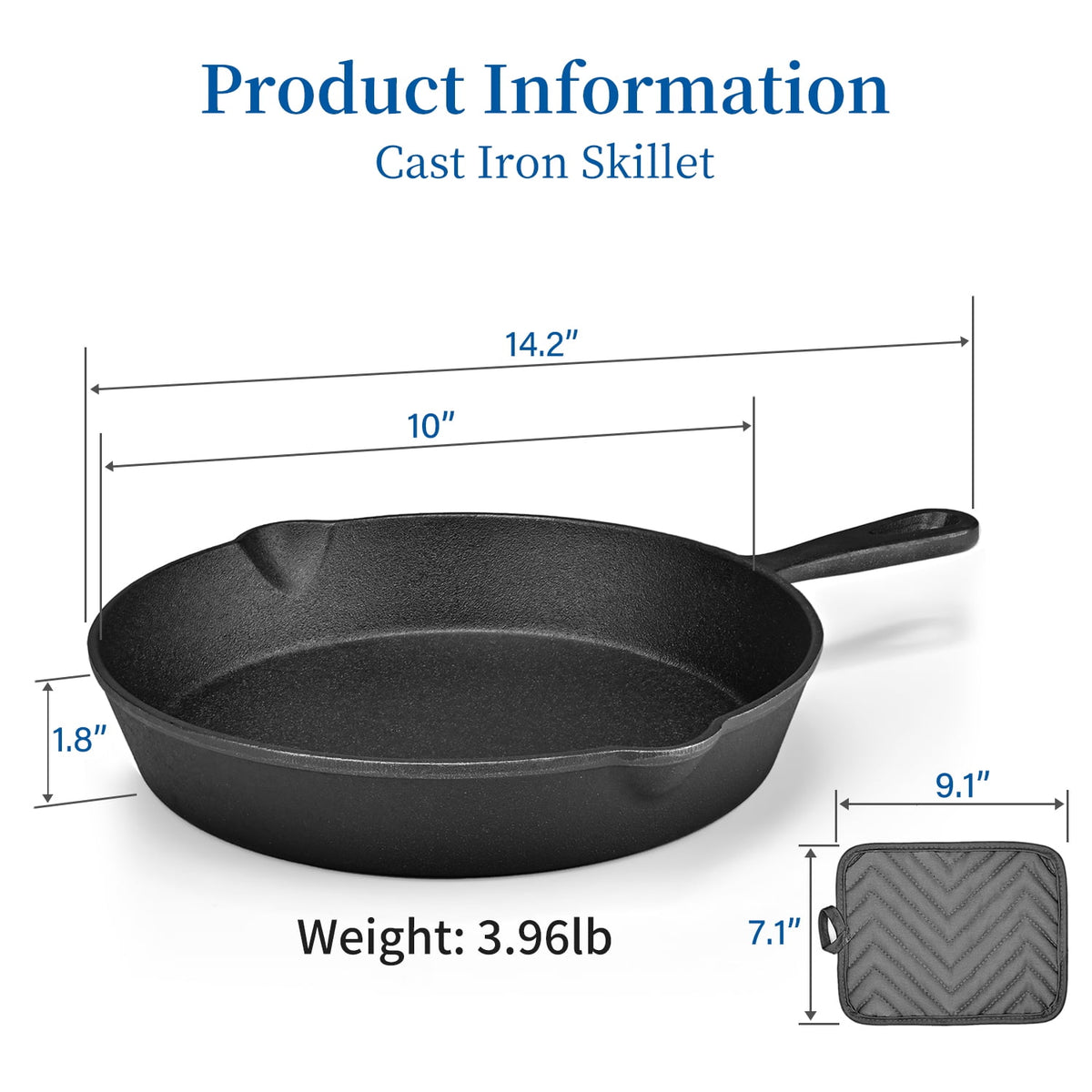 TINANA 10 inch Pre-Seasoned Cast Iron Skillet with Handle and Dual-Use Insulating Pad