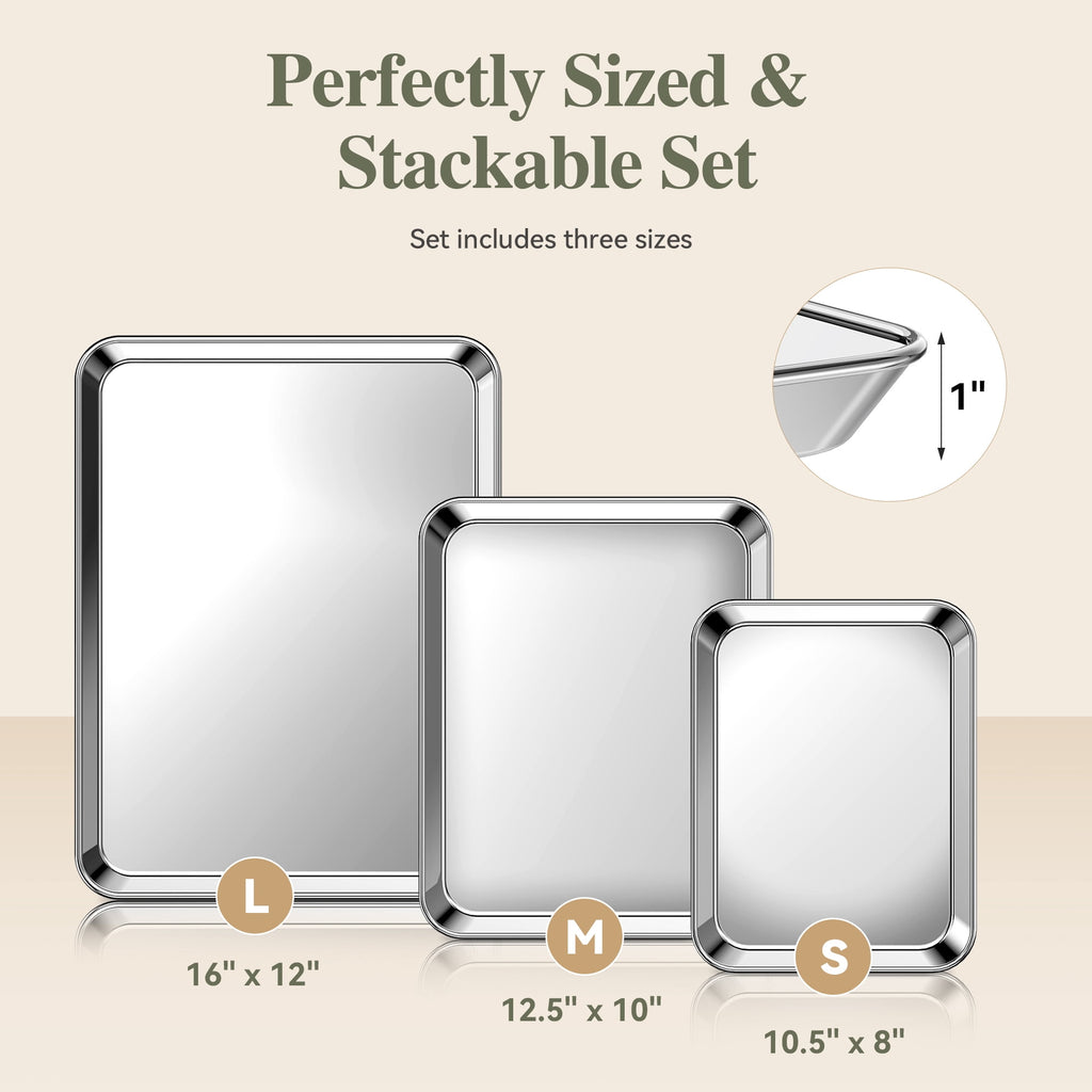 TINANA Stainless Steel Baking Sheet Pan Set, 3 Pack 16/13/10 Inch Cookie Sheets, Mirror Finish, Oven and Dishwasher Safe