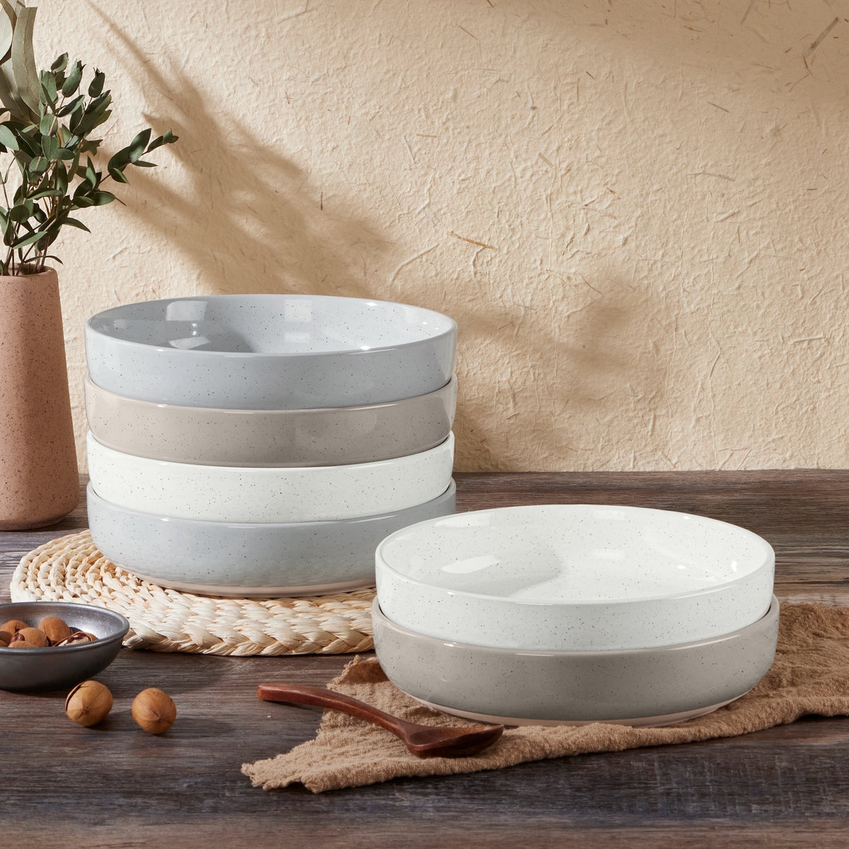 Vesteel Pasta Bowls Set of 6, 32oz Large Salad Bowl for Home Kitchen, Ceramic Serving Plates for Soup, Cereal, Fruits, Microwave & Dishwasher Safe, Speckled White