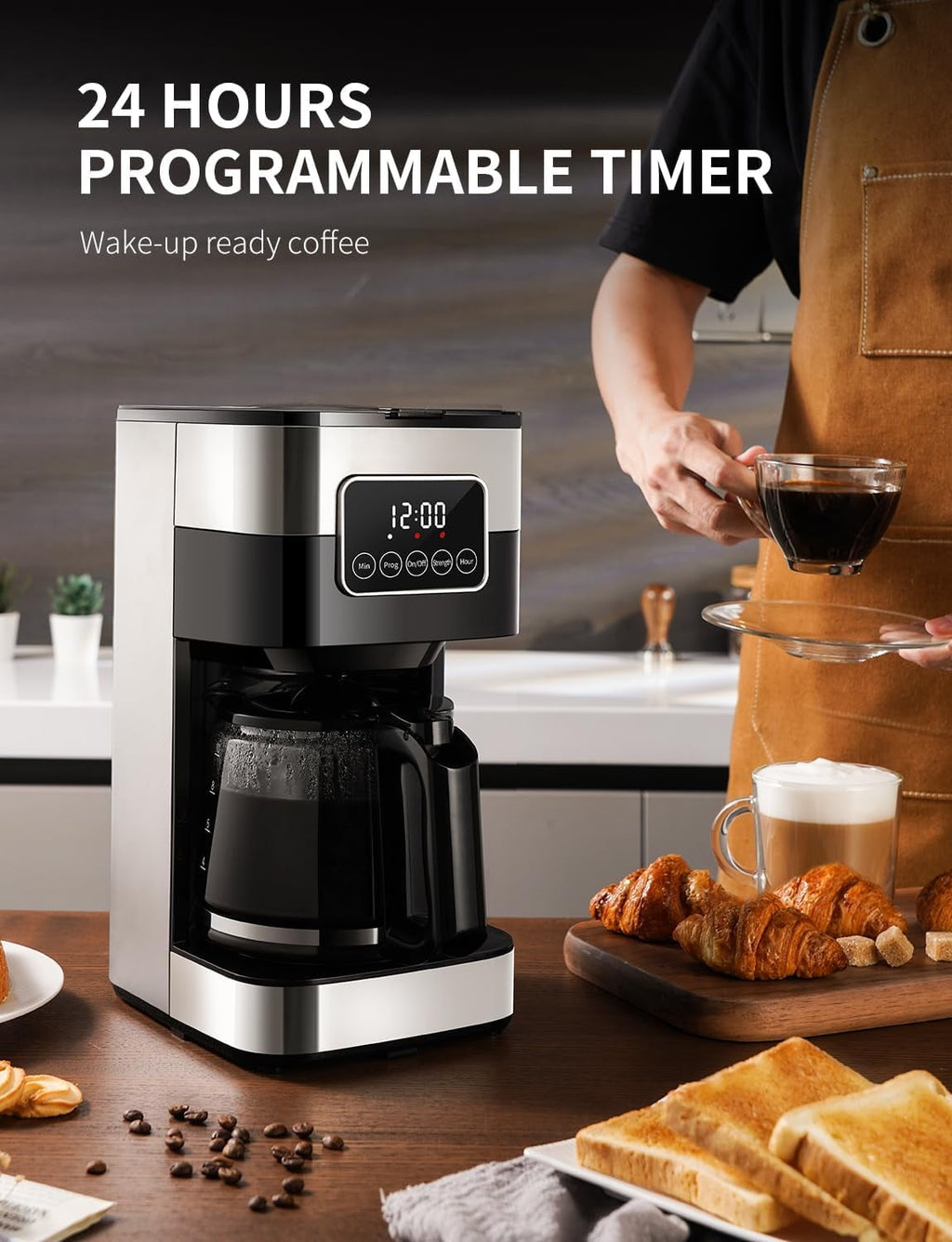 8-Cup Programmable Coffee Maker with Thermal Carafe, Touch Screen Timer, Auto Shut off & Pause-Serve Feature, Strong Brew Option, Stainless Steel & Black