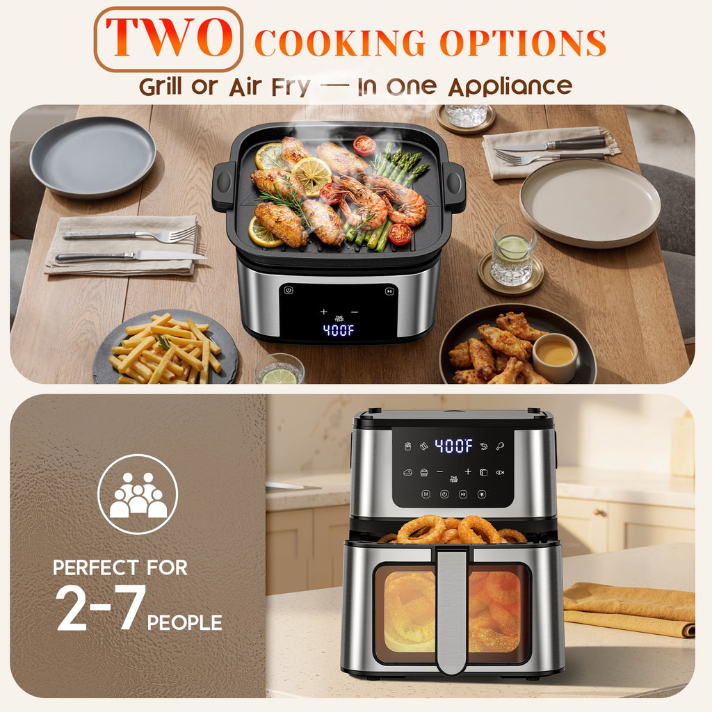 2-in-1 Air Fryer Grill Combo with Flip Plate, Viewing Window, 8 Presets, Nonstick Basket, 100 Liners Gift, Healthy Oil-Less Cooking for Family Meals