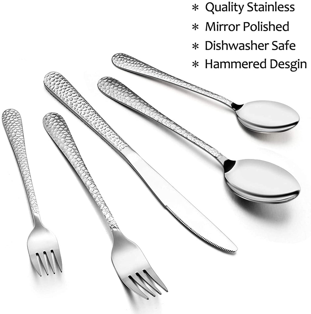 Vesteel Hammered Silverware Set, 40-Piece Stainless Steel Flatware Cutlery Set for 8, Includes Knives, Forks, Spoons, Mirror Polished & Dishwasher Safe