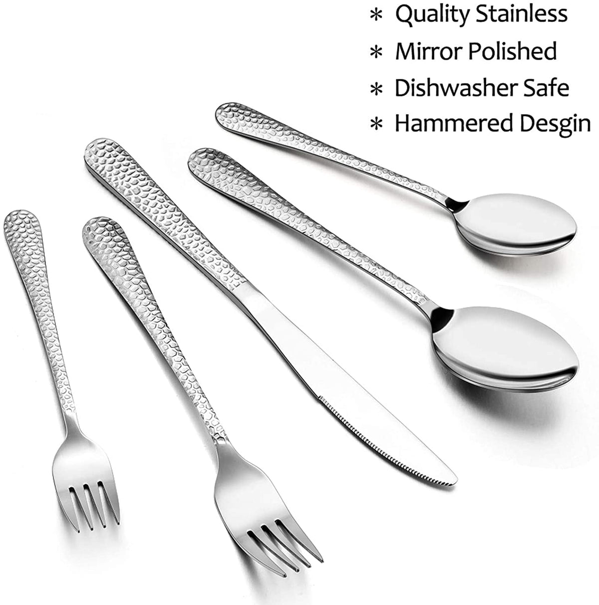 Vesteel Hammered Silverware Set, 40-Piece Stainless Steel Flatware Cutlery Set for 8, Includes Knives, Forks, Spoons, Mirror Polished & Dishwasher Safe