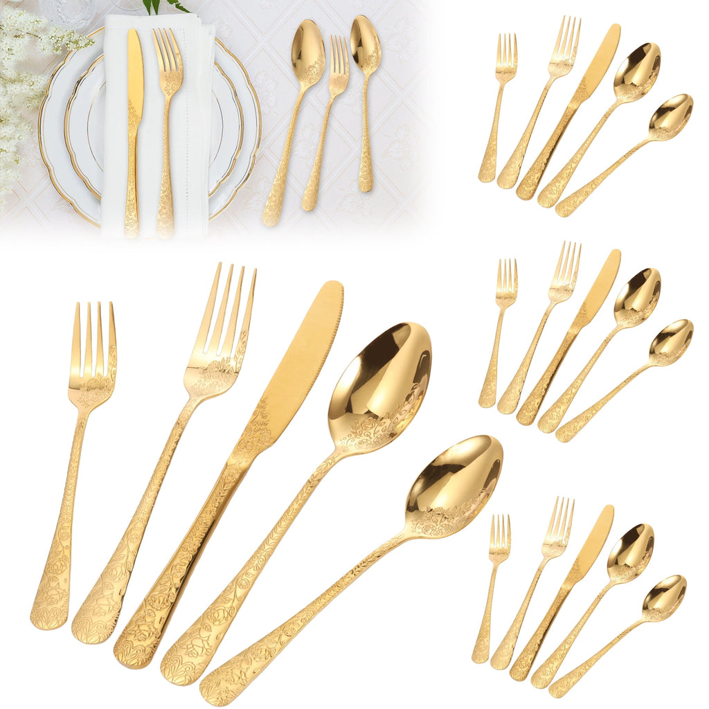 20 Pcs Floral Silverware Set Including Fork Spoon and Knife Stainless Steel Flatware Set Vintage Cutlery Set Mirror Polished Utensil Set for Kitchen Dishwasher Safe Service for 4