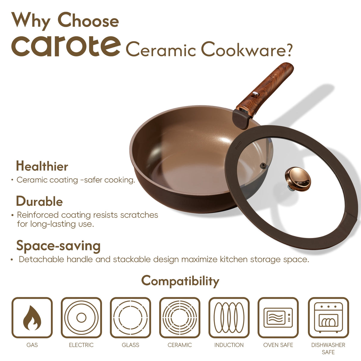 CAROTE 19-Piece Ceramic Pots and Pans Set, Nonstick Cookware Set with Lids, Induction Compatible, Oatmeal