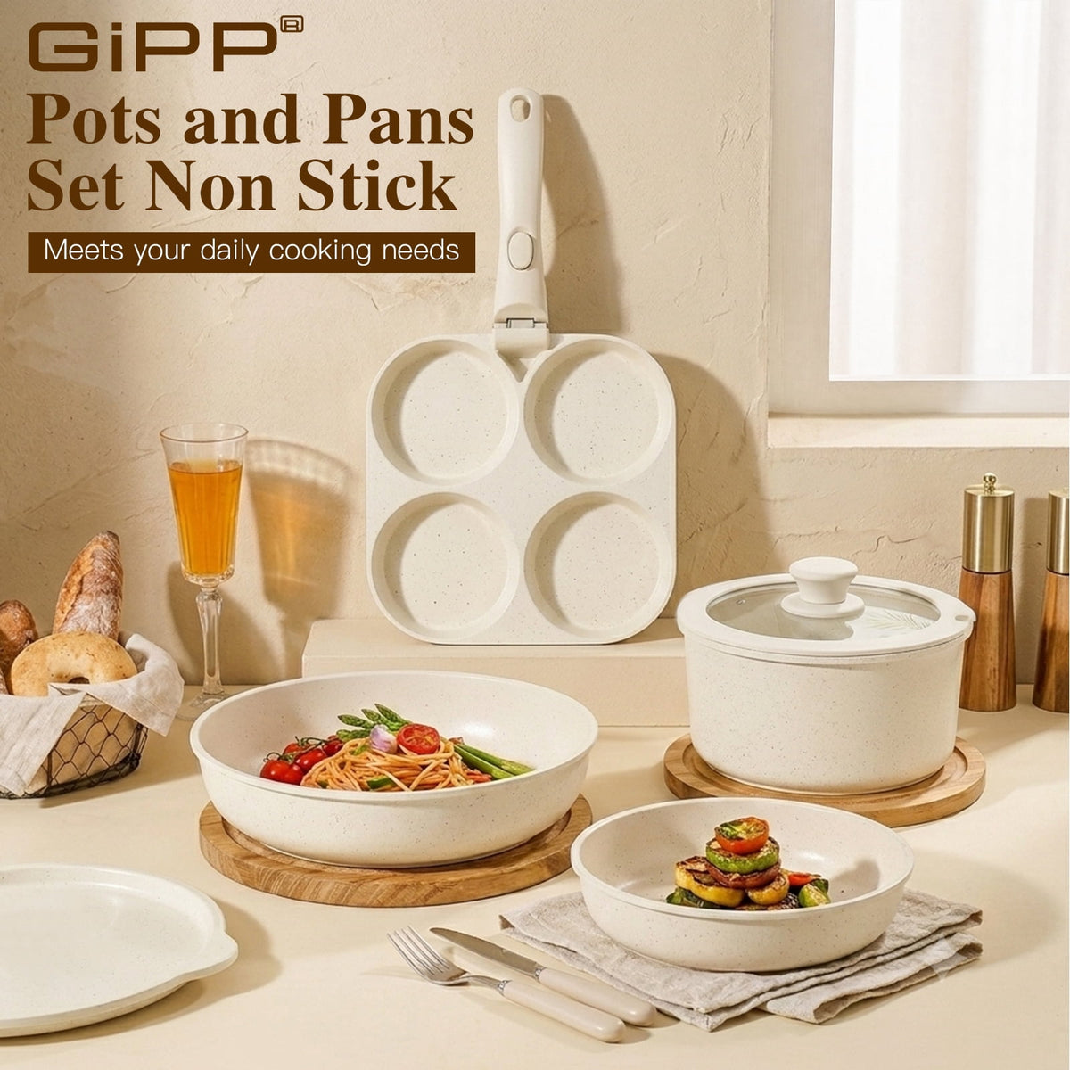 Gipp 11pcs Ceramic Cookware Sets, Pots and Pans Set Non Stick with Removable Handle, Oven & Dishwasher Safe,Induction Cookware