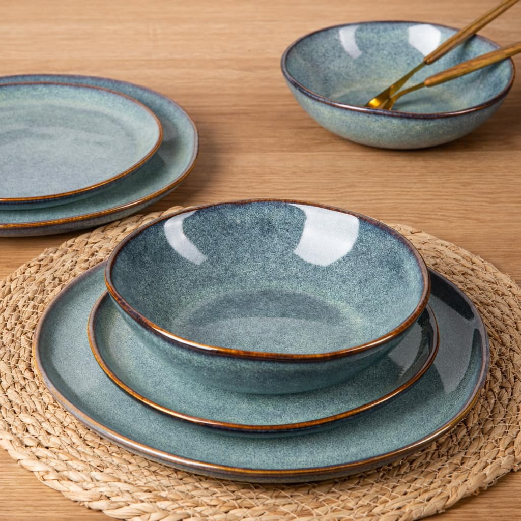 AmorArc Ceramic Dinnerware Sets,Handmade Reactive Glaze Stoneware Plates and Bowls Sets,Highly Chip and Crack Resistant | Dishwasher & Microwave Safe Dishes Set,Service for 4 Set(12pc),Reactive Glaze