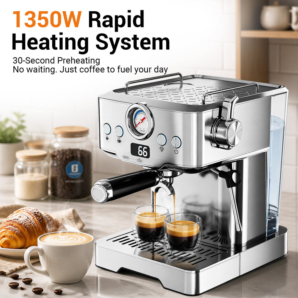 Ecojoy Espresso Machine, Barista Espresso Maker with Steam Wand | LCD Display, Custom Brew Temp, Latte & Cappuccino Machine, 20-Bar Pump, Powerful Steam Wand, 1.8L Removable Water Tank