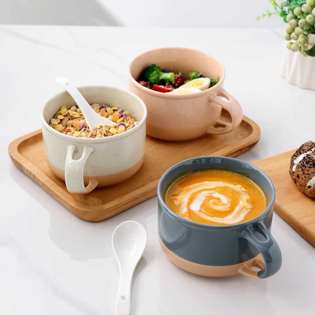 AmorArc Ceramic Soup Mugs with Handles and Lids,24 OZ Soup Cups Set of 2 with Terracotta Underside,Mug Bowls with Spoon for Soup/Cereal/Salad/Noodles/Ramen/Microware &Dishwasher Safe-White &Peach